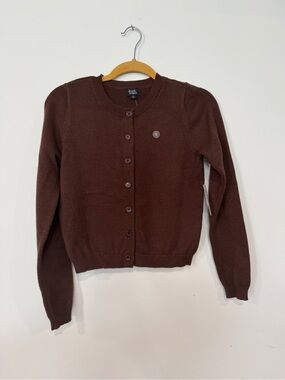 Beverly and Beck Button-Up Crewneck Cardigan Sweater in Dark Brown